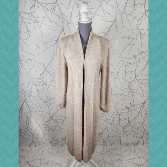 La Llama Beige Oatmeal 50% Alpaca Fisherman Knit Longline Cardigan - Picture 1 of 5